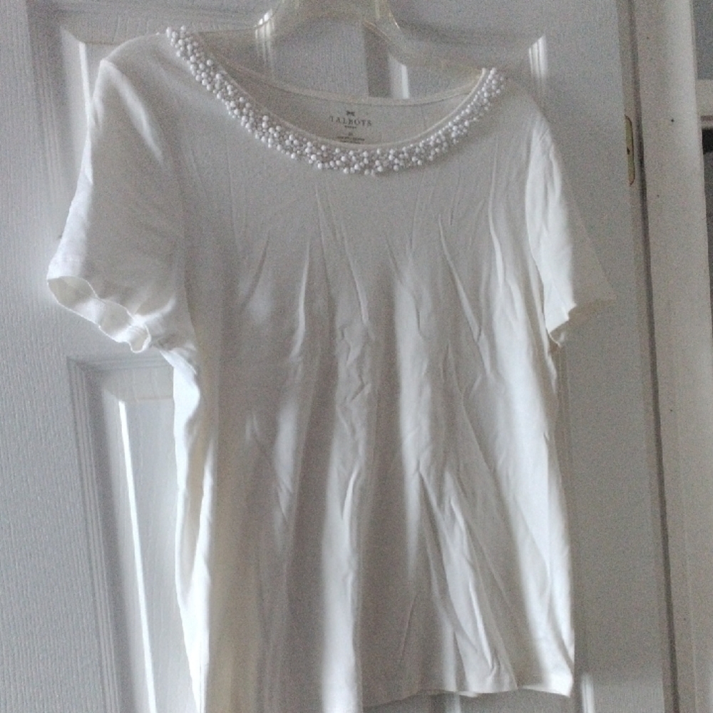 Talbots White Beaded Short Sleeve Top
